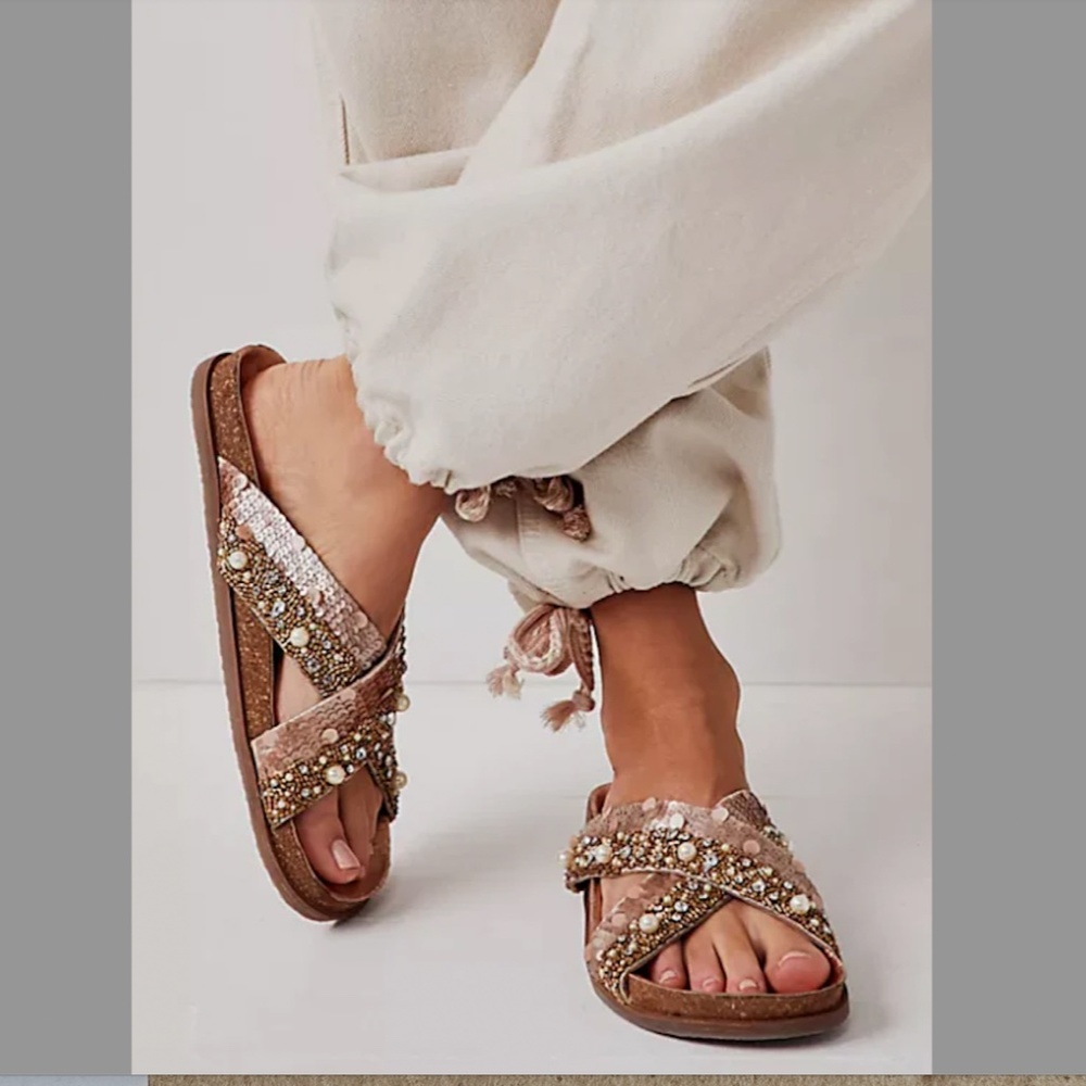 NEW Free People Moon Child Embellished Rose Gold Slide Sandals 38.5 Sequin Pearl